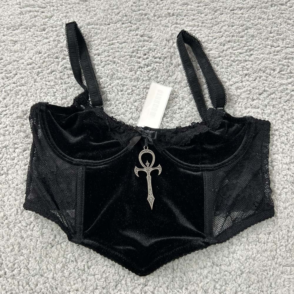 Widow Bra XS Longline Bra Golf Velvet Cross Pendant Corset Bustier Bra Goth